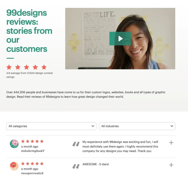99 designs’ customer reviews, testimonial page examples