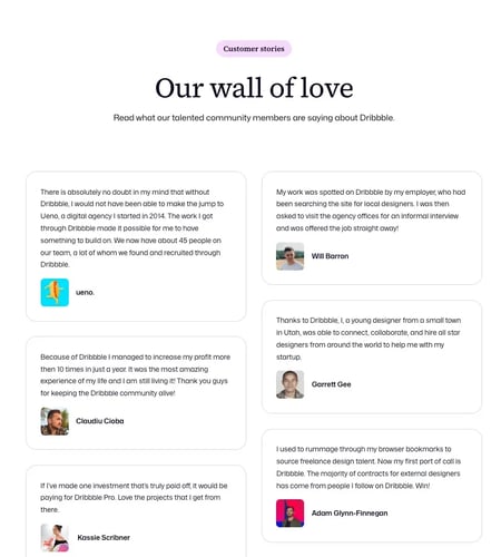 dribble’s wall of love, testimonial page examples