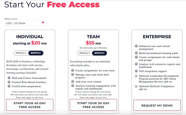 Skillsoft pricing plans, customer service programs