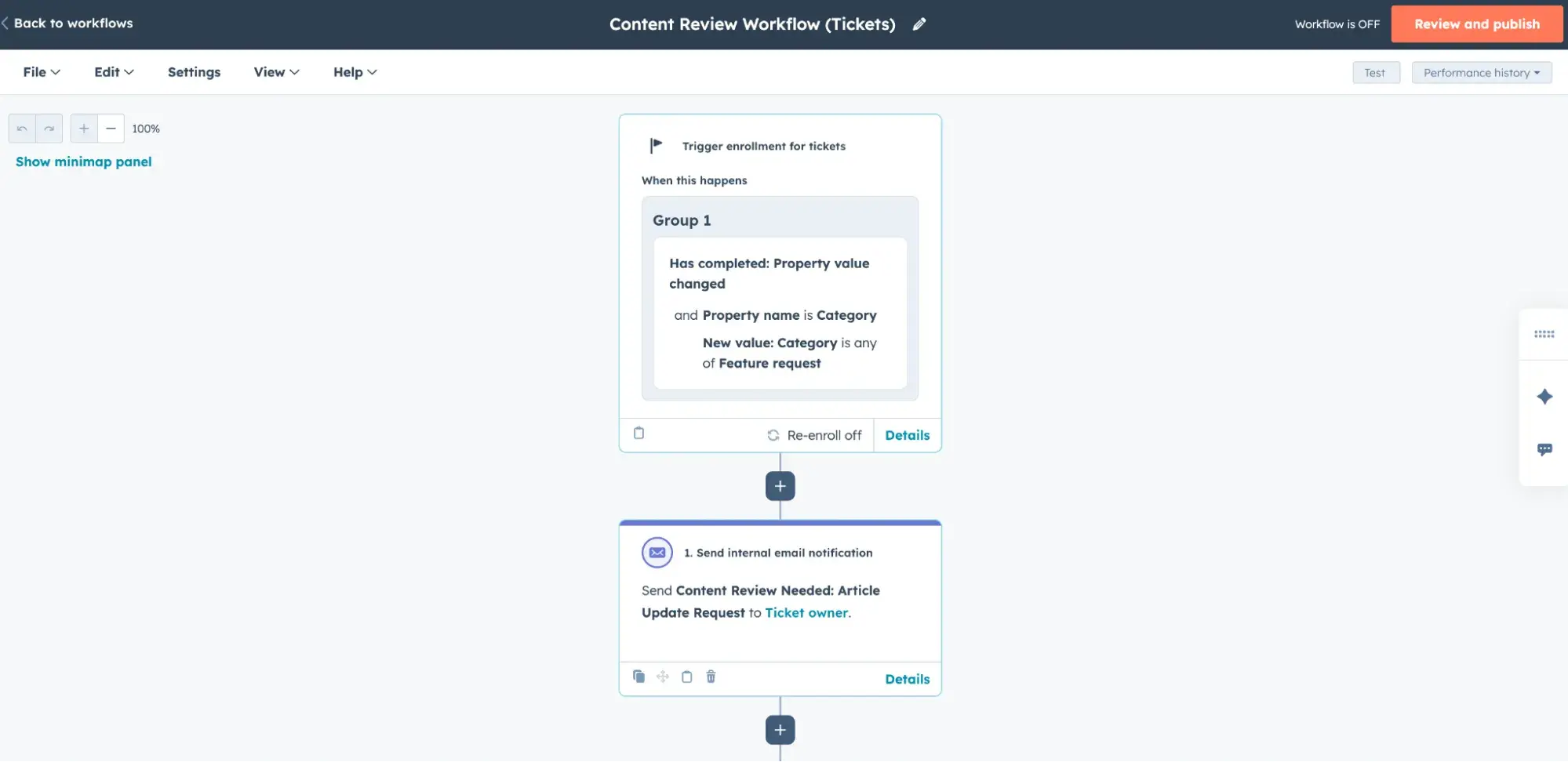 how to build a KB content review workflow in HubSpot