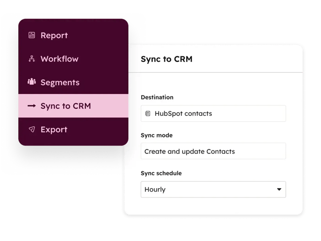 data collection software interface showing options to sync data to hubspot crm with hourly updates.