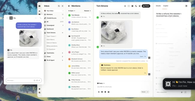 intercoms enterprise customer service tools display customer chats, fin ai responses, and a refund process for a torn sweater.-1