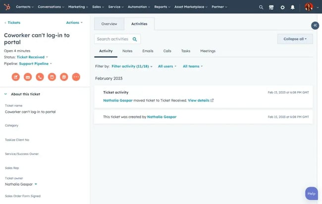 customer portal software for SaaS - HubSpot interface