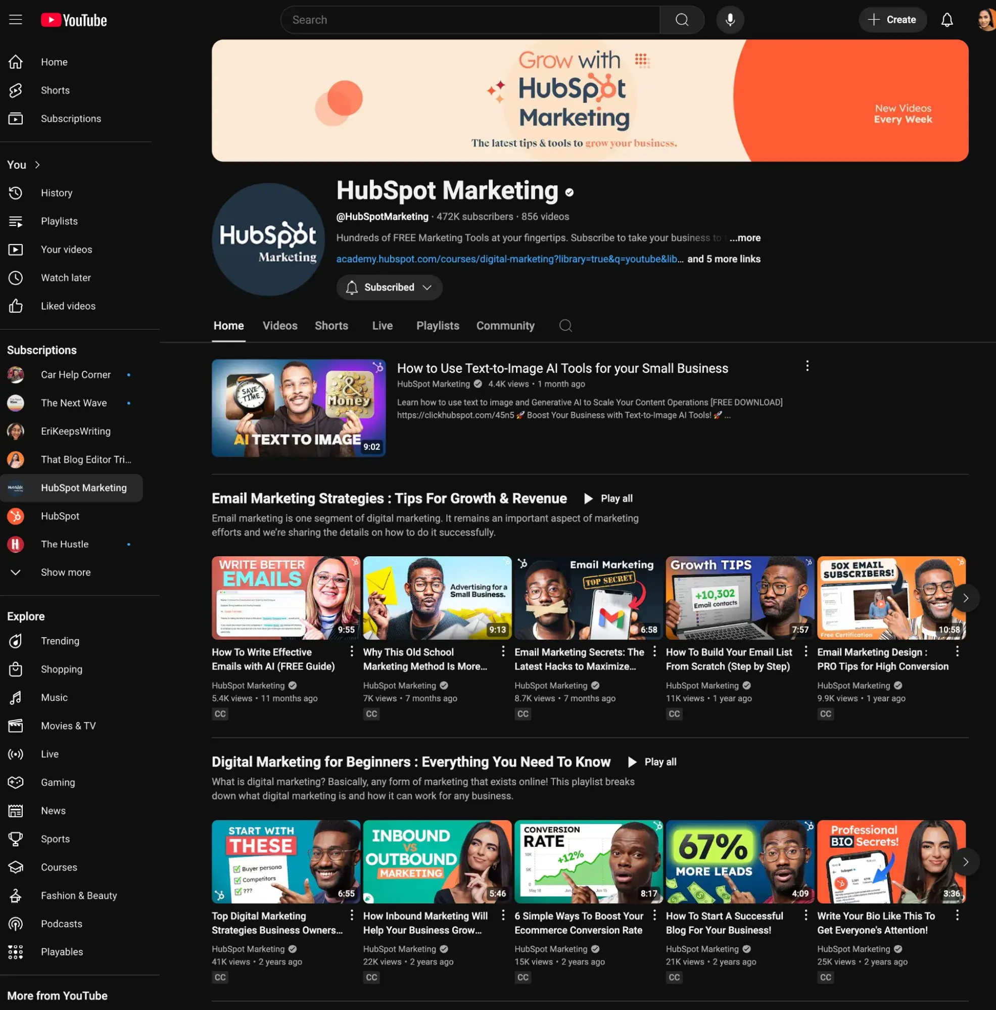 organic marketing, hubspot youtube