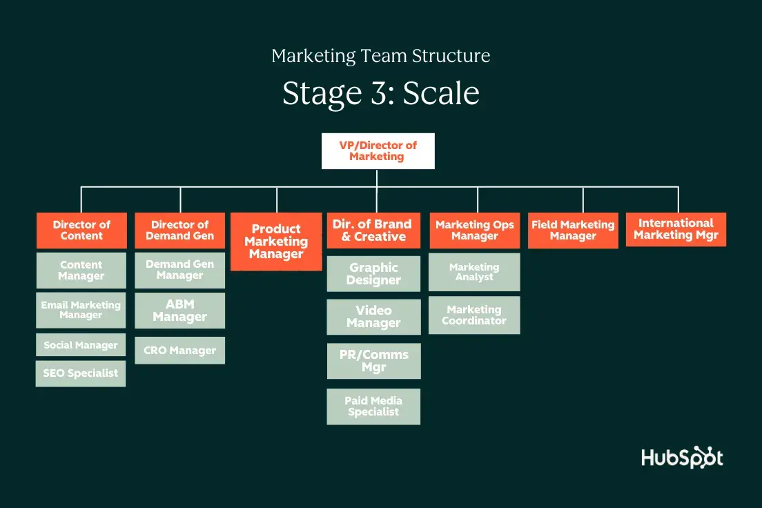 scaling a marketing team, marketing team structure at 17-25  people showing abm manager, cro manager, field and international marketing managers, etc.