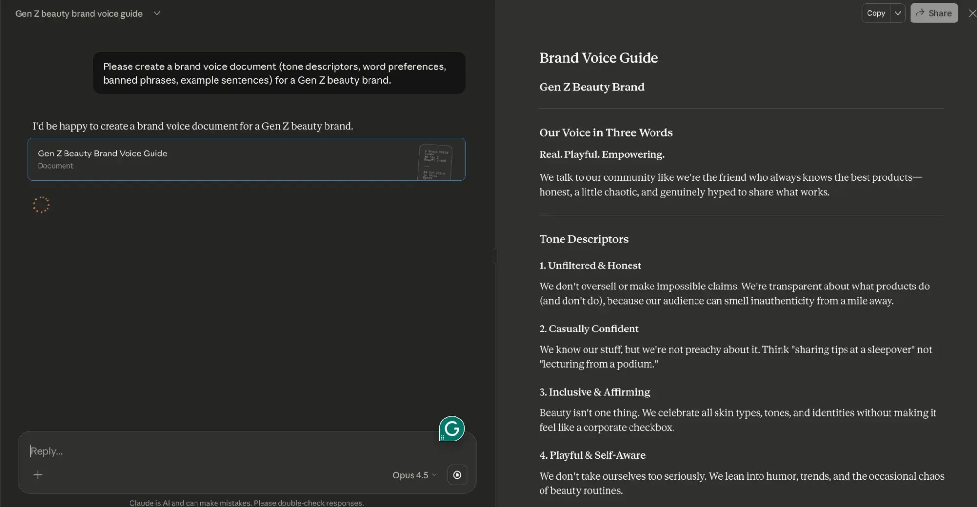 a screenshot of me demo-ing brand voice control for content creation in claude