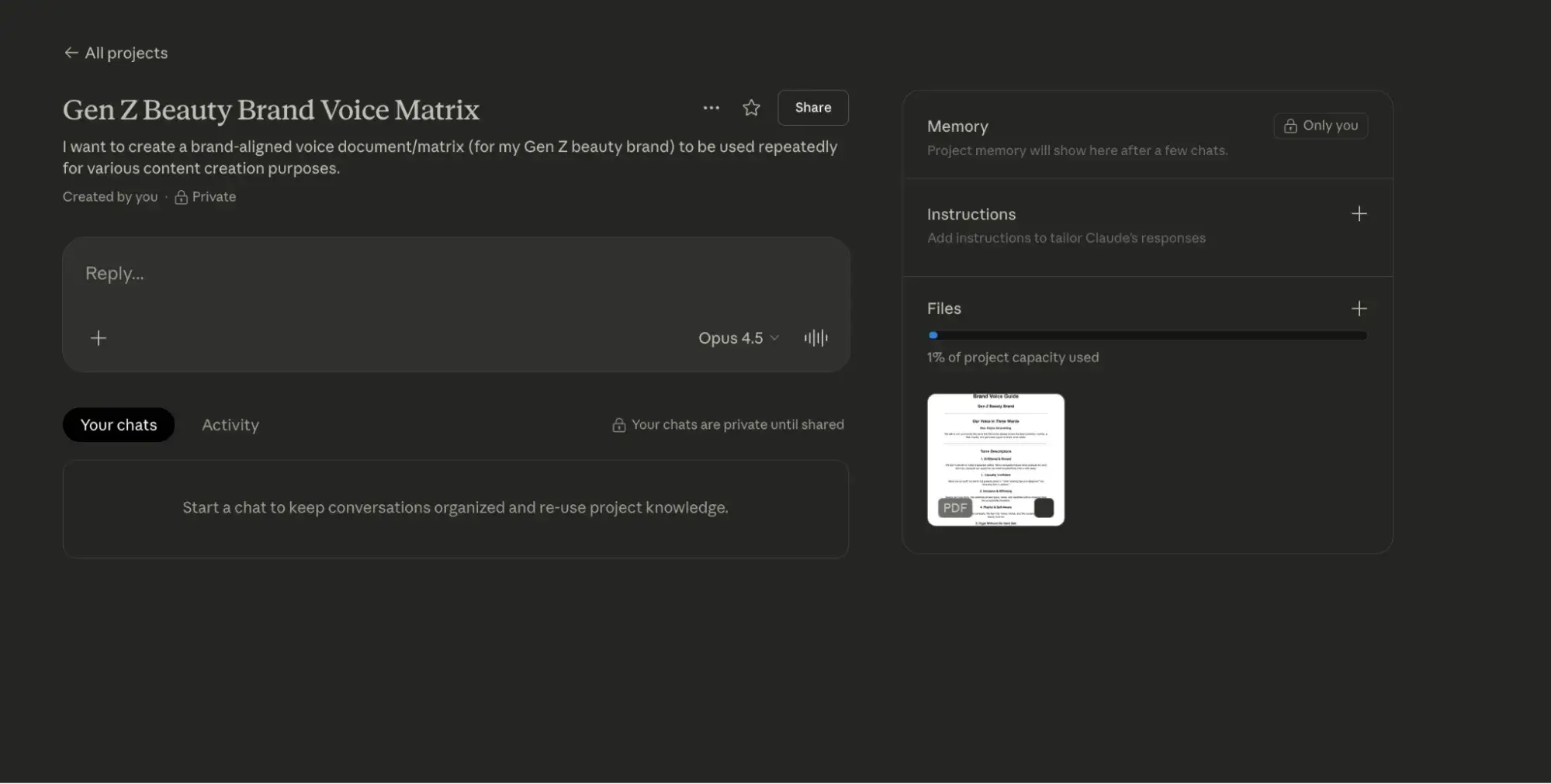 a screenshot of me demo-ing brand voice control for content creation in Claude projects