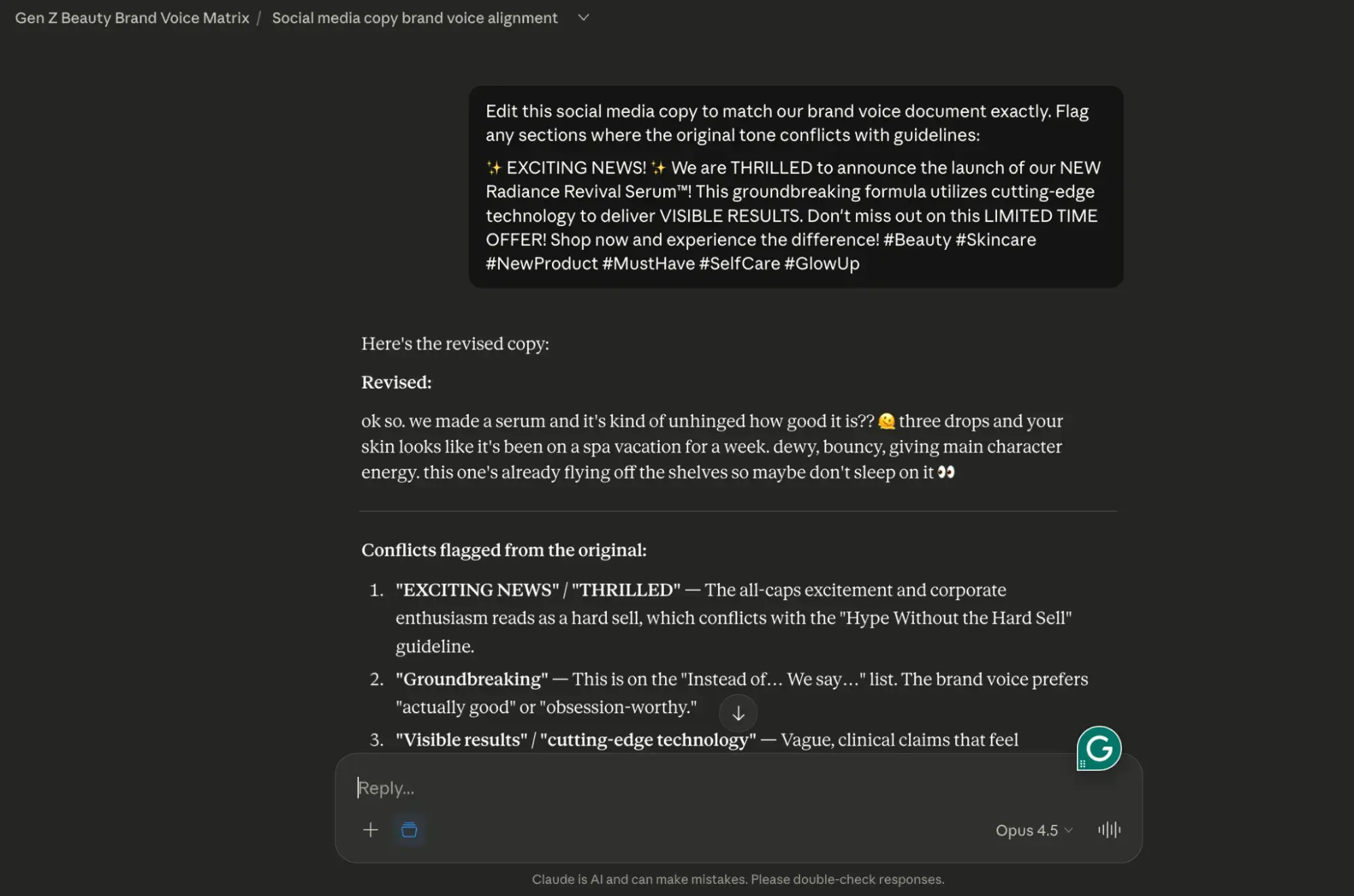 a screenshot of me demo-ing brand voice control for content creation in Claude projects