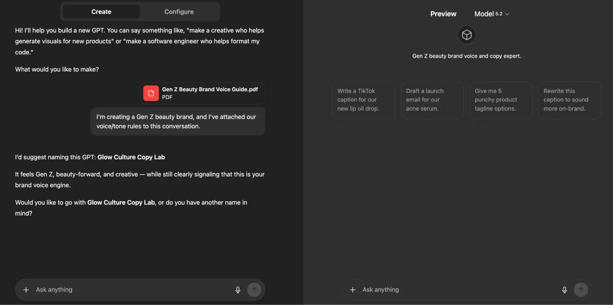  a screenshot of me demo-ing brand voice control for content creation in a custom GPT in ChatGPT