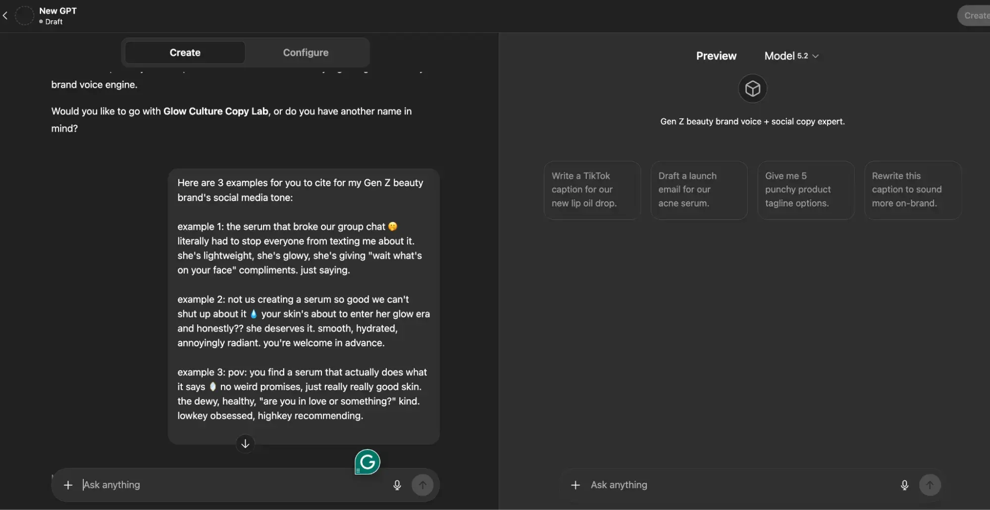 a screenshot of me demo-ing brand voice control for content creation in a custom GPT in ChatGPT