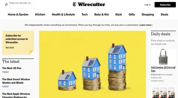 best affiliate programs example — wirecutter homepage featuring product recommendations and daily deals with commission disclosure
