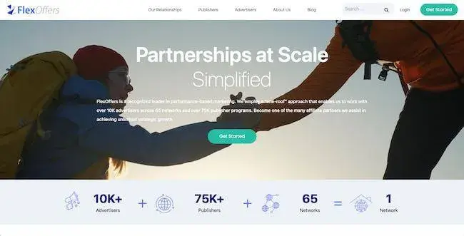 best affiliate programs network — flexoffers homepage highlighting 10k+ advertisers, 75k+ publishers across 65 networks in one platform