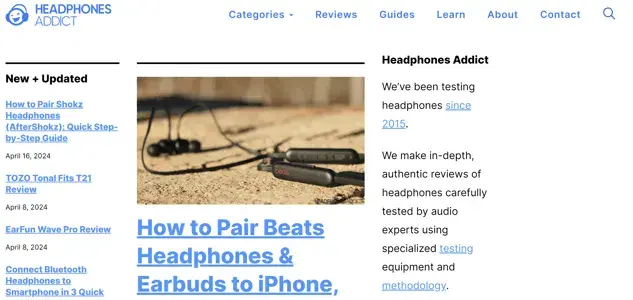 best affiliate programs example — headphones addict affiliate review site homepage featuring in-depth headphone reviews and testing methodology