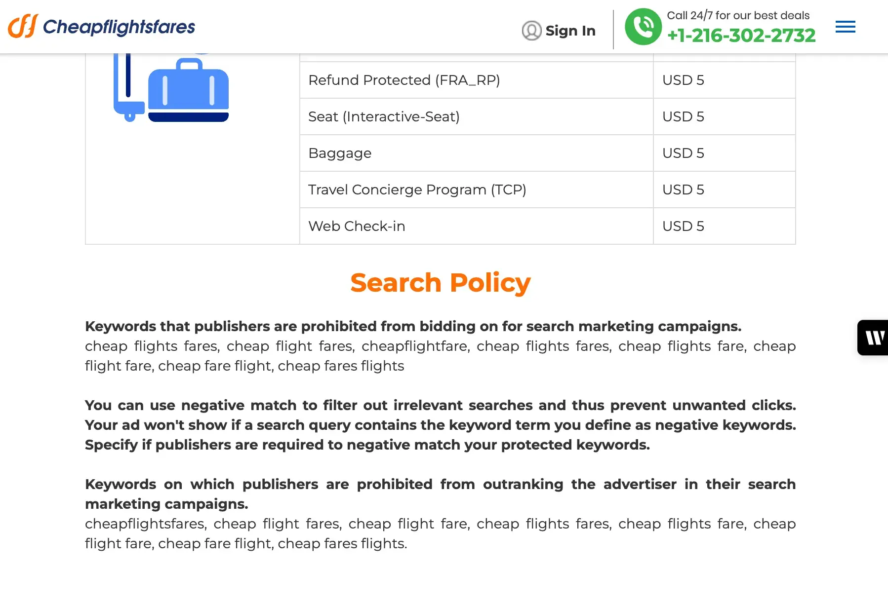 best affiliate programs — cheapflightsfares affiliate search policy page showing publisher keyword restrictions and usd commission tiers