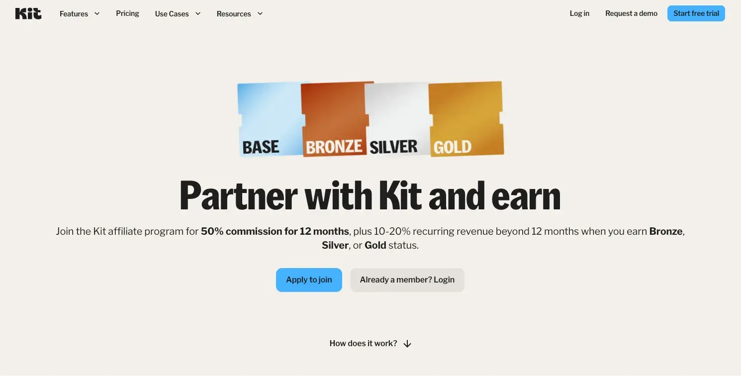 best affiliate programs for email marketing — kit affiliate program page showing base, bronze, silver, and gold tiers with 50% commission for 12 months