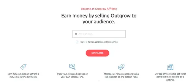 best affiliate programs for marketers — outgrow affiliate program signup page showing 20% upfront and recurring commission structure