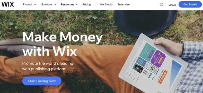 best affiliate programs for website builders — wix affiliate program homepage with commission details for referring new wix subscribers