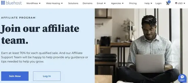 best affiliate programs for web hosting — bluehost affiliate program landing page with commission details for referring hosting customers