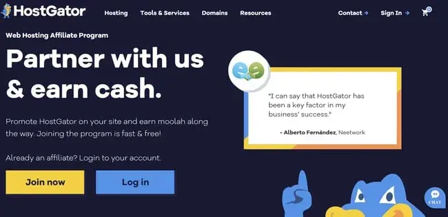 best affiliate programs for web hosting — hostgator affiliate program page with commission rates for referral sign-ups