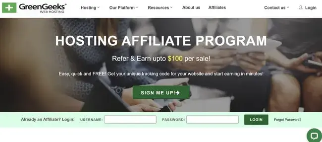 best affiliate programs for eco-friendly hosting — greengeeks affiliate program homepage with commission details for green web hosting referrals