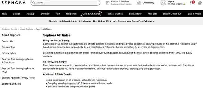 best affiliate programs for beauty — sephora affiliate program homepage with commission details for beauty content and influencer referrals
