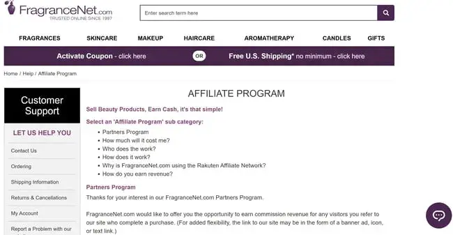 best affiliate programs for fragrance — fragrancenet affiliate program page with commission structure for fragrance and beauty product referrals