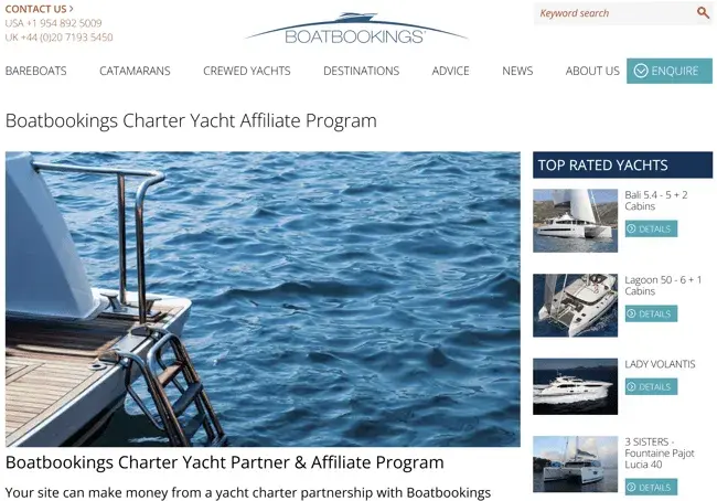 best affiliate programs for travel — boat bookings affiliate program homepage offering commissions on luxury yacht and boat rental referrals