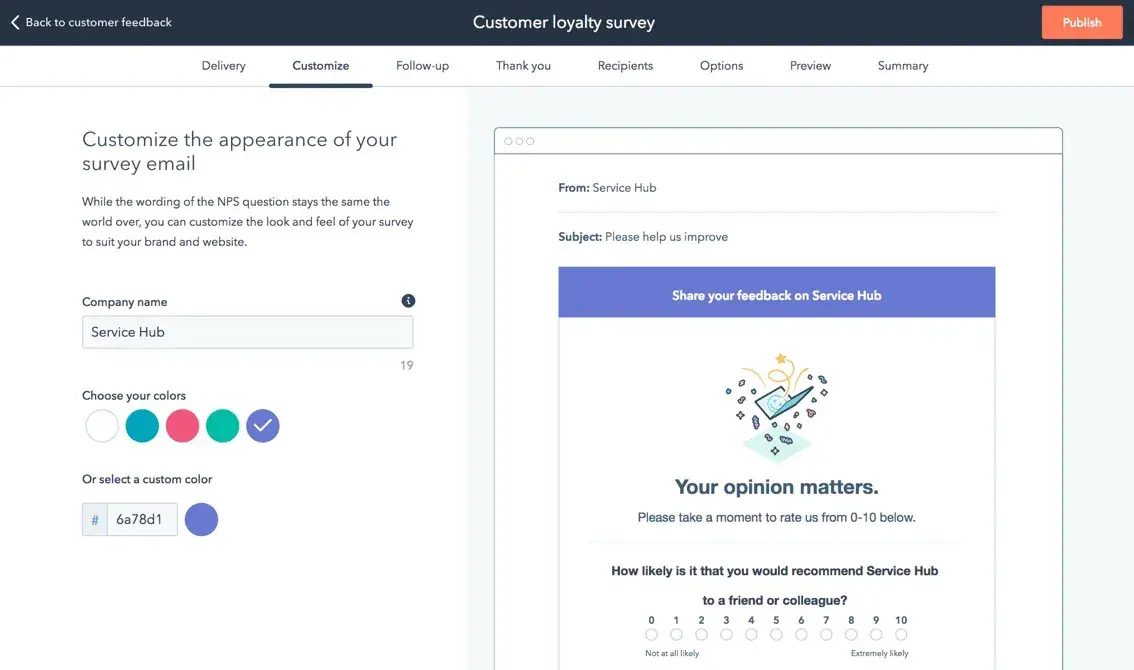 hubspot service hub nps customer loyalty survey builder showing brand optimization measurement via email survey customization