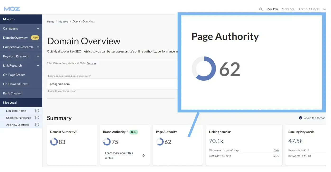 moz example of page authority
