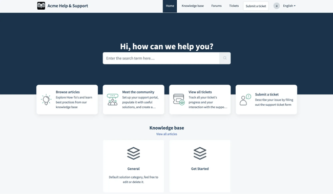 portal with a search bar, navigation menu, and tiles for browsing articles, viewing tickets, and submitting support requests, customer portal builder