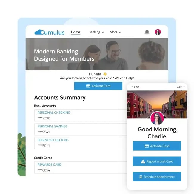 sample salesforce customer portal displaying account summaries and an “activate card” prompt, customer portal builder