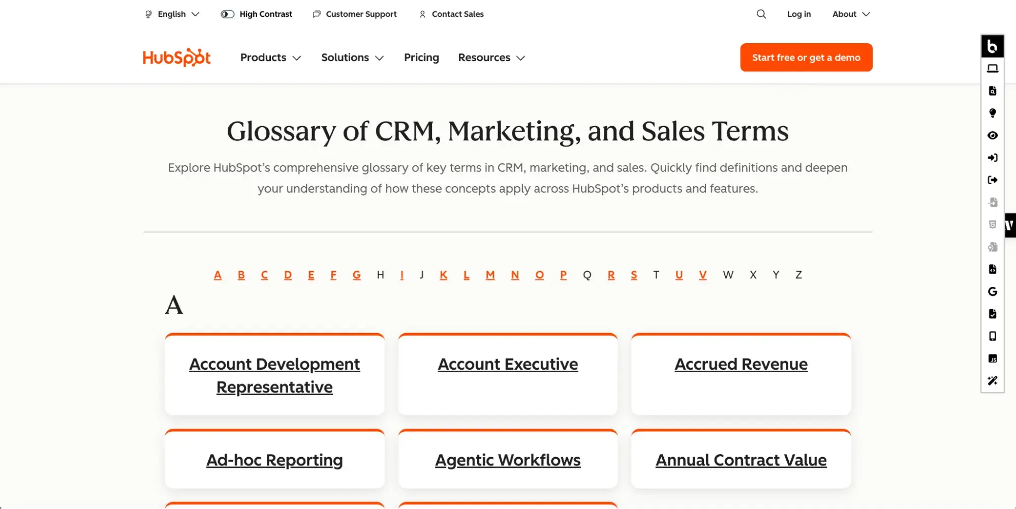 hubspot’s faq glossary for crm with top of funnel terms example