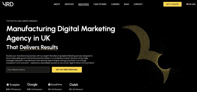 Screenshot of Bird Marketings targeted manufacturing service page, demonstrating effective AEO strategy for B2B.