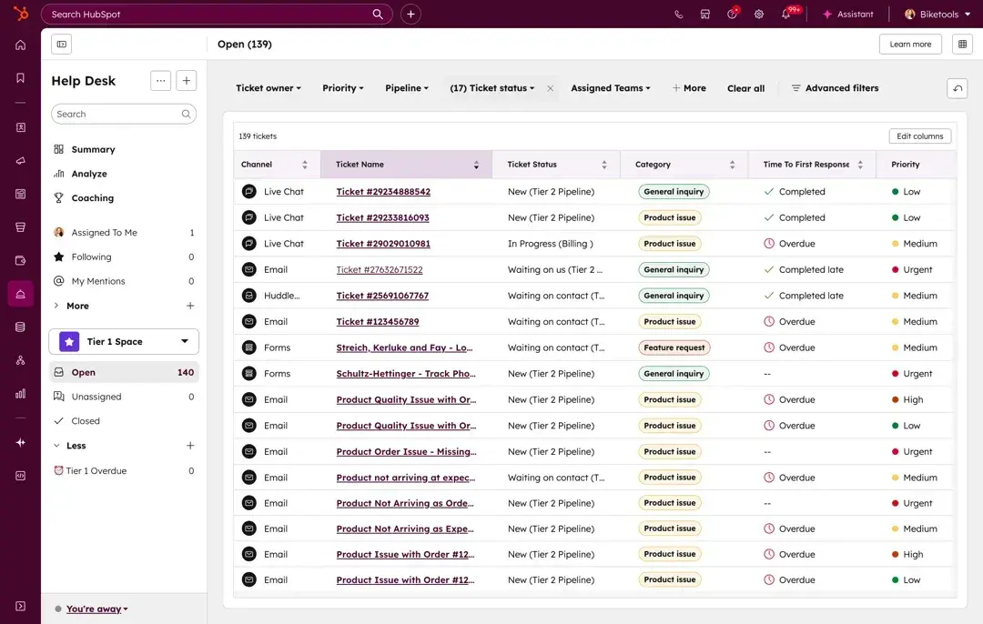 ] screenshot of hubspot help desk analytics page, customer retention tactics for small business