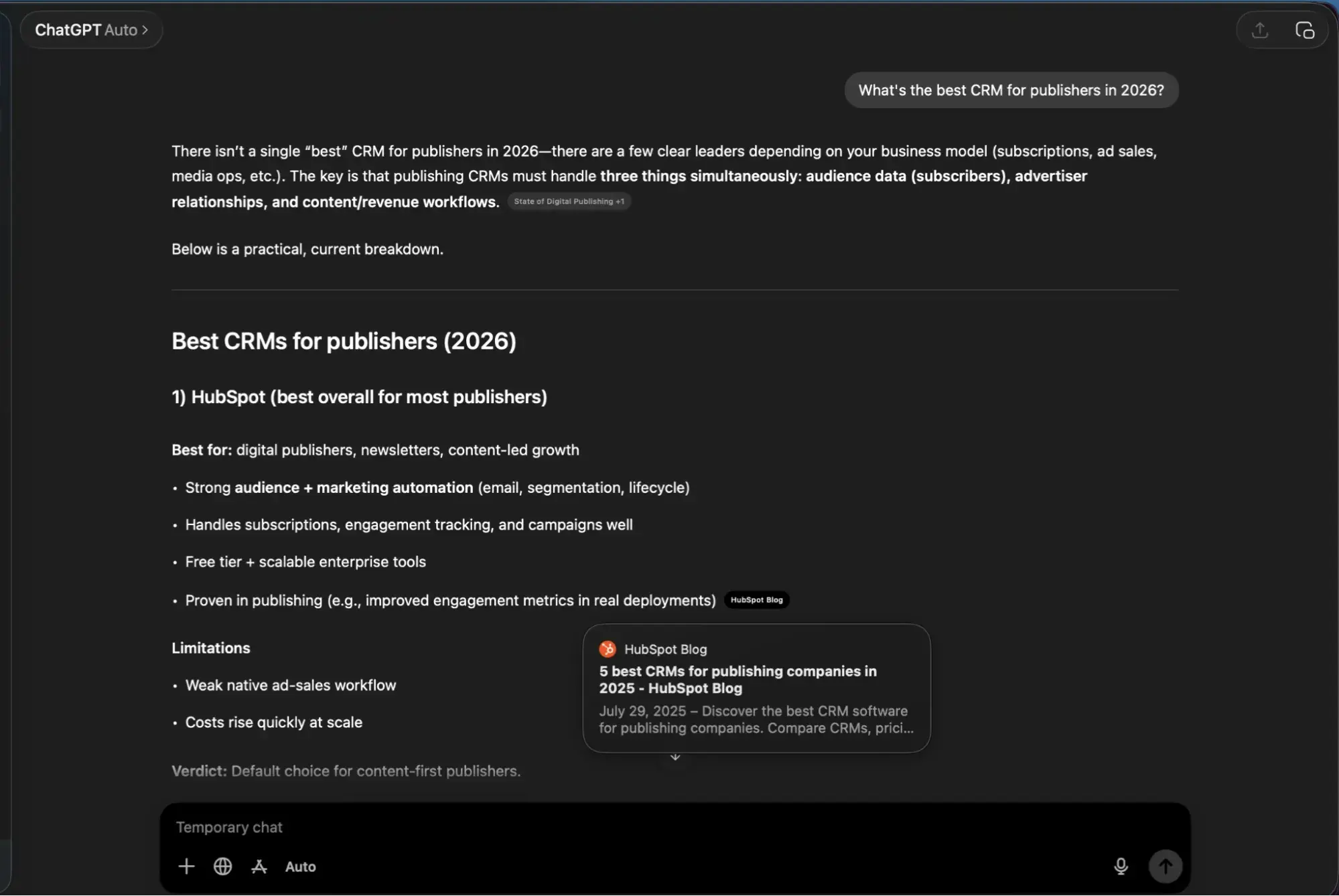 chatgpt auto mode response showing how to show up in chatgpt results with hubspot cited as best crm for publishers