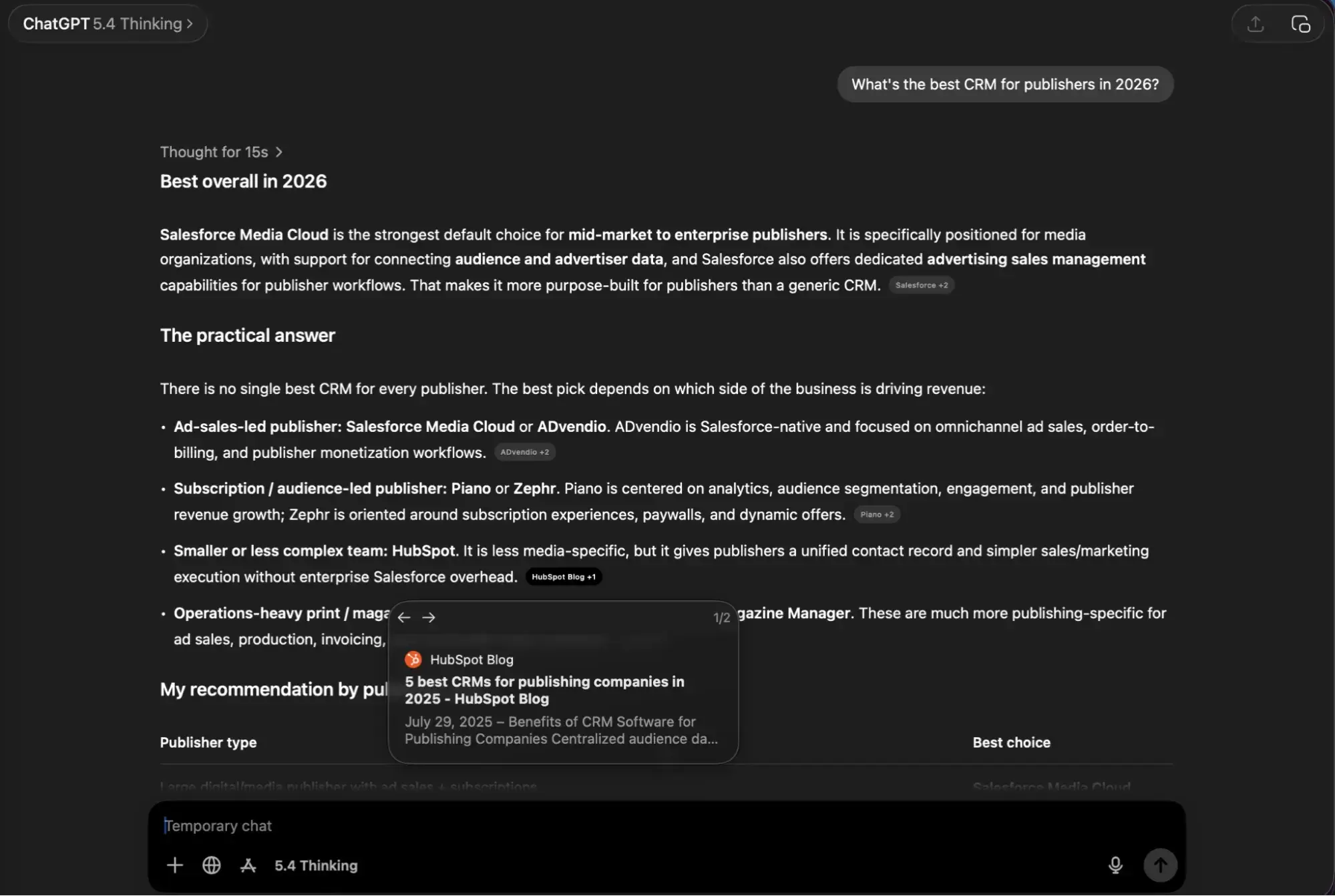 chatgpt thinking mode response to best crm for publishers query with hubspot blog post citation visible