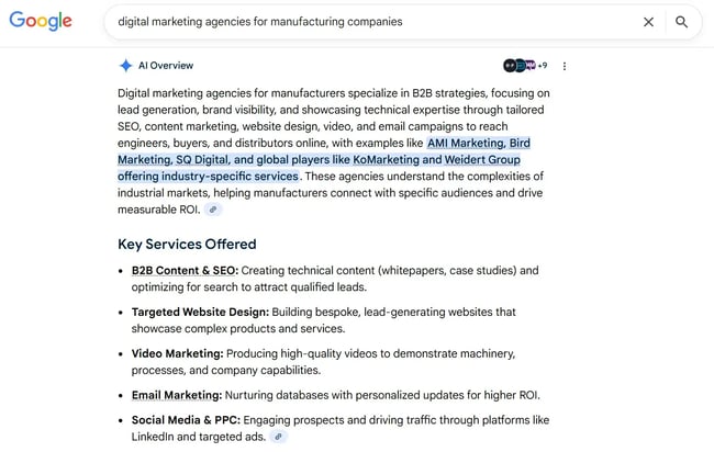 screenshot of bird marketings targeted manufacturing service page, demonstrating effective aeo strategy for b2b.